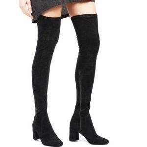 Thigh high textured velvet Jeffrey Campbell Cienega Boot with studded heel.